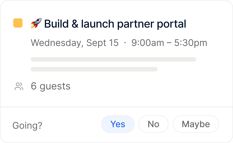 Event card for Build & launch partner portal on Sept 15, 9am–5:30pm with 6 guests and RSVP options Yes, No, Maybe.