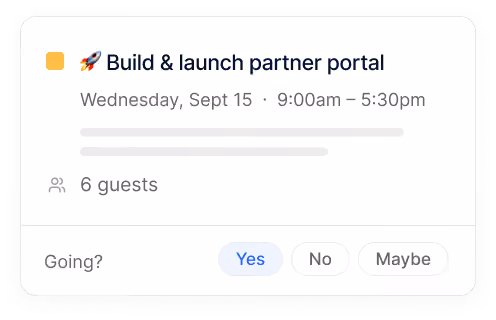 Event card for Build & launch partner portal on Sept 15, 9am–5:30pm with 6 guests and RSVP options Yes, No, Maybe.