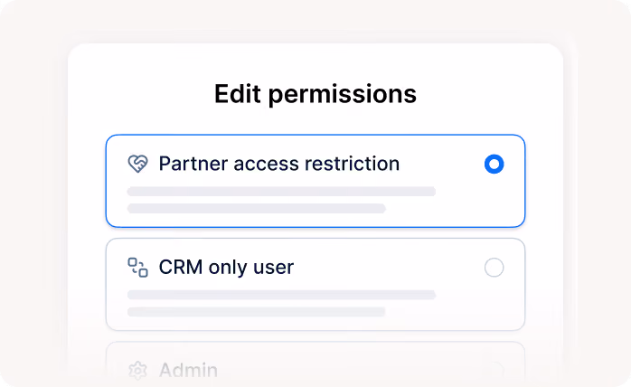 User interface for editing permissions with options for partner access restriction and CRM only user.