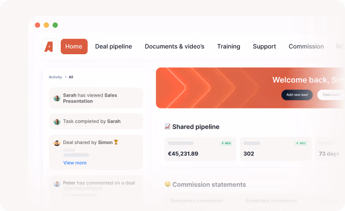 Dashboard interface showing deal pipeline, user activity feed, shared pipeline stats, and commission statements.