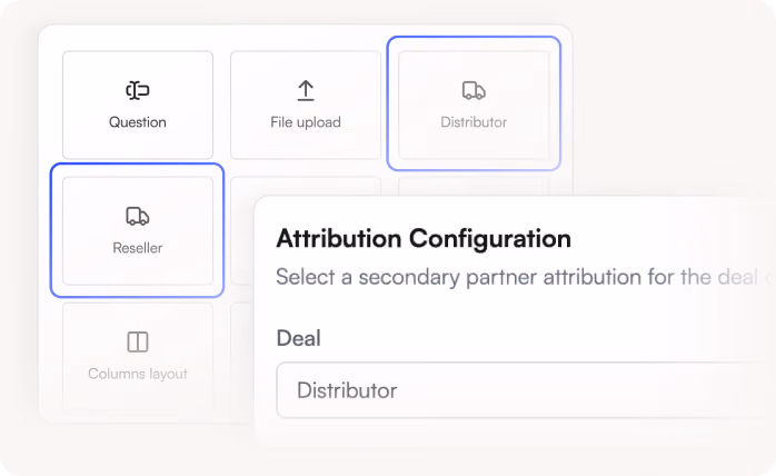 UI showing Attribution Configuration with selectable options for Reseller and Distributor roles.