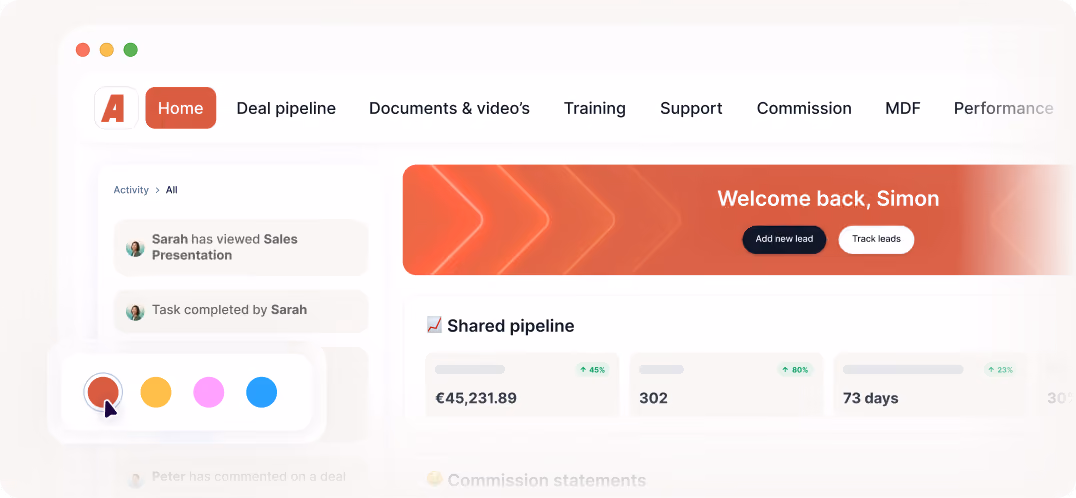 Dashboard screen showing navigation menu, welcome message, shared pipeline stats, and task activity updates.