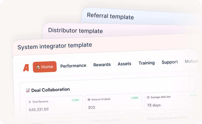 User interface showing templates for referral, distributor, and system integrator with deal collaboration data.