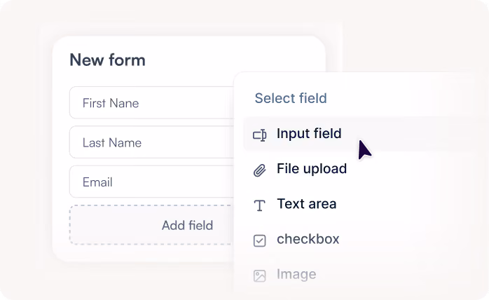 User interface showing a new form with fields for first name, last name, email, and a dropdown to add fields.