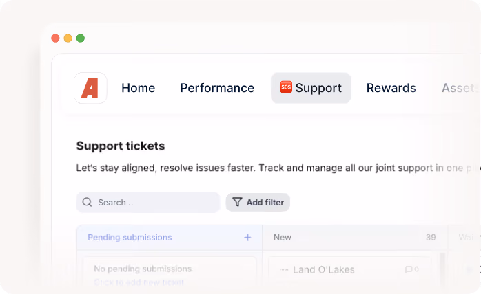 Website interface showing a support tickets page with tabs for Home, Performance, Support, and Rewards.
