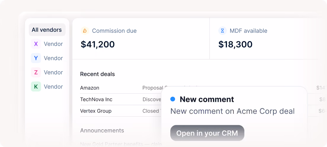 Dashboard showing commission due $41,200, MDF available $18,300, recent deals, and new comment notification.