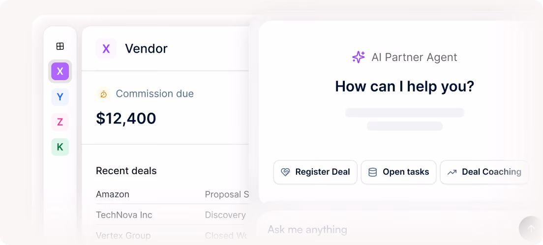 Dashboard showing vendor commission $12,400, recent deals, and AI assistant offering help options.