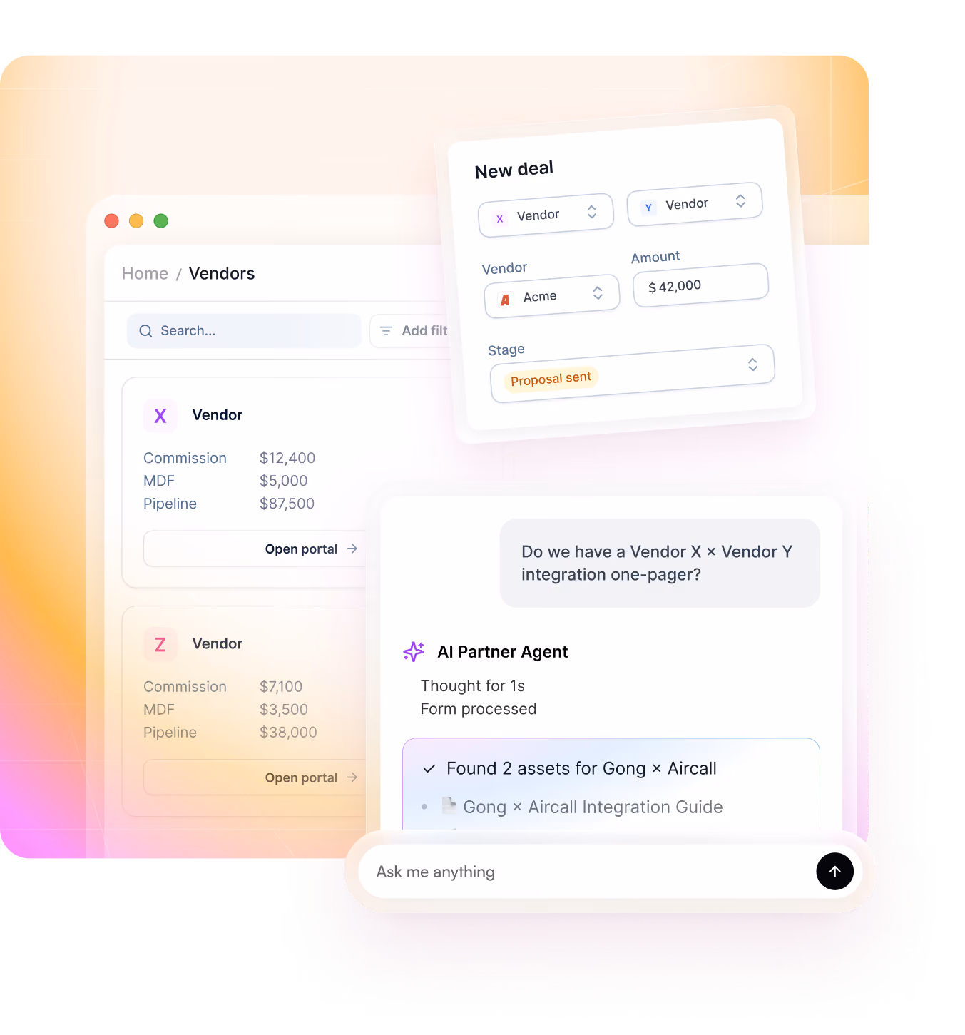 Screenshot of a vendor management interface with commission data, new deal form, and AI partner chat.