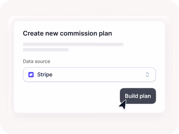 User interface for creating a new commission plan with Stripe selected as data source and a Build plan button.