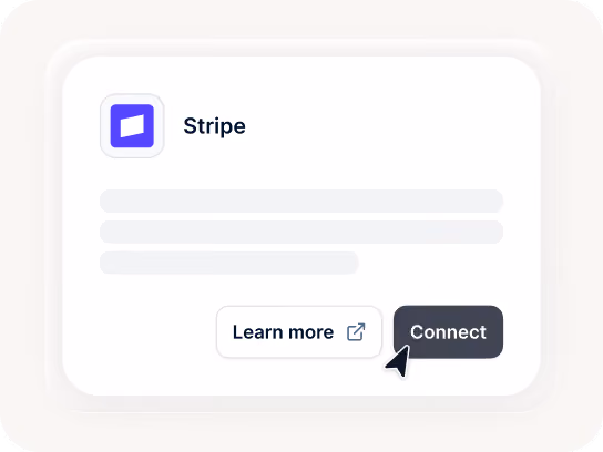 User interface showing Stripe integration card with Learn more and Connect buttons, cursor on Connect.