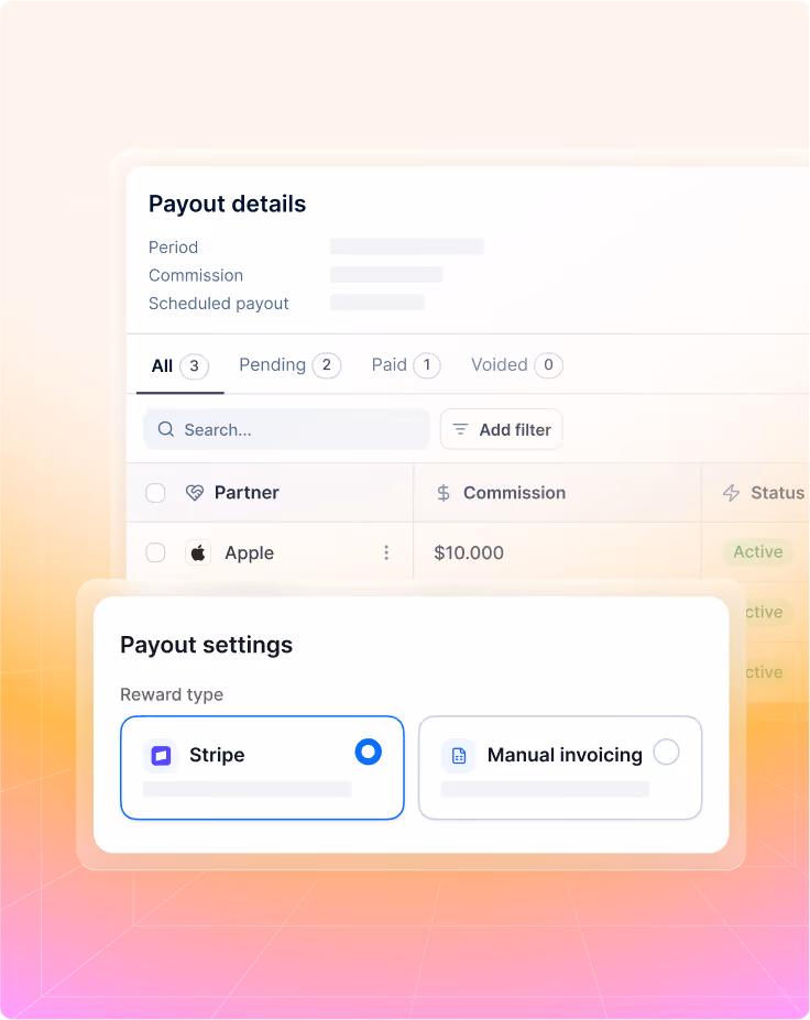 Payout details screen showing commission for partner Apple and payout settings with Stripe selected.