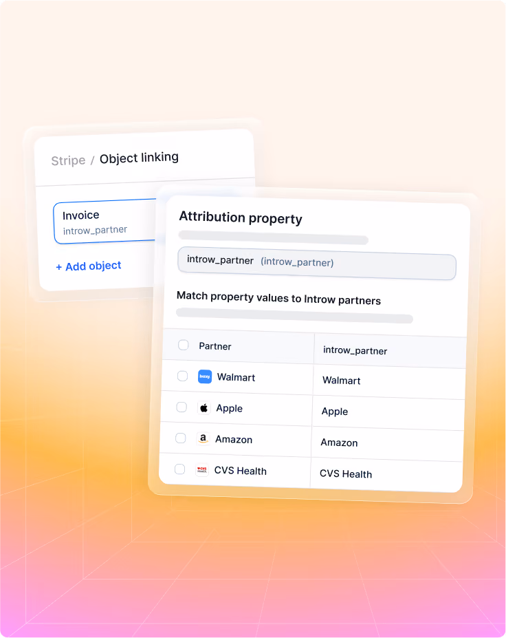 User interface showing object linking with partners Walmart, Apple, Amazon, and CVS Health matched to Introw partners.