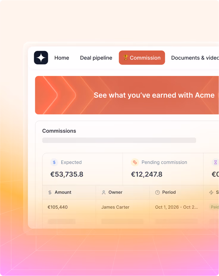 Dashboard displaying commissions: Expected €53,735.8, Pending €12,247.8, Owner James Carter.