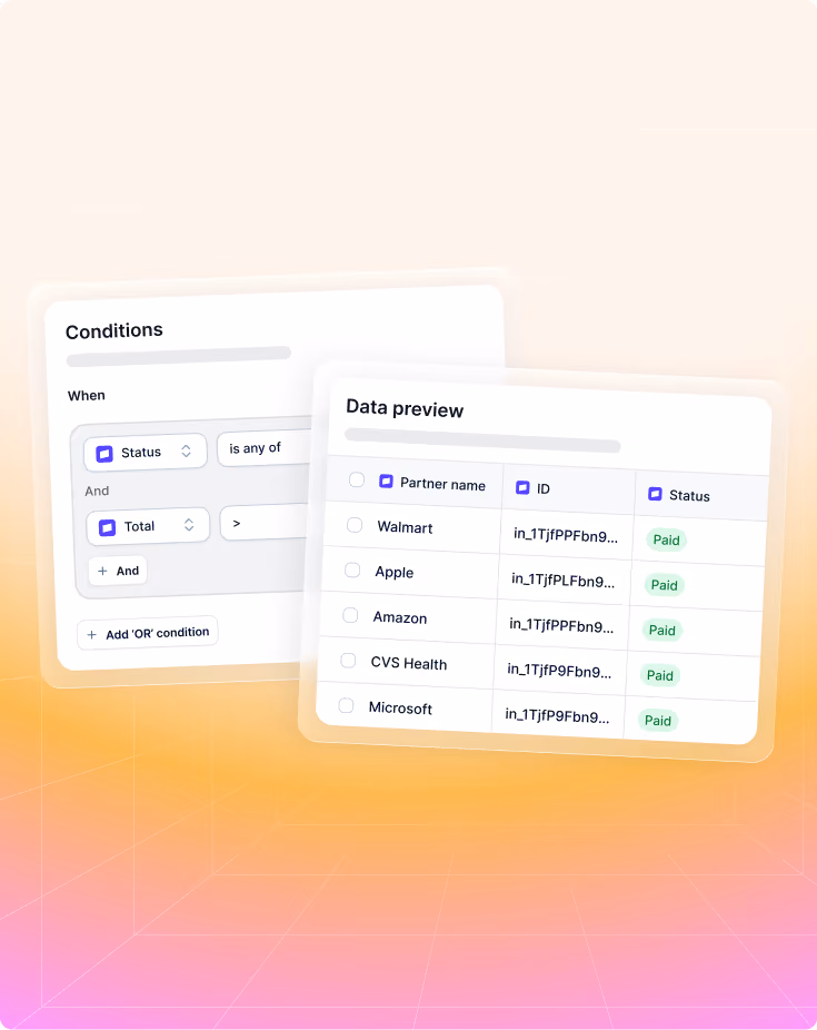 Two data panels showing filtering conditions and a data preview list of paid partner names with IDs and statuses.