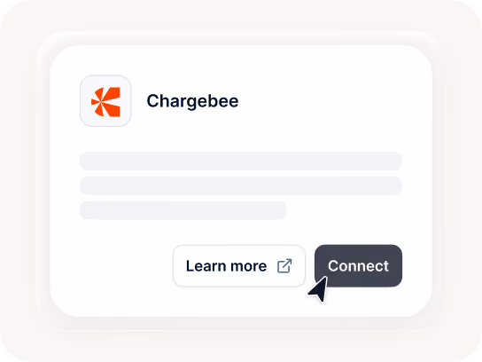 Interface showing Chargebee with Learn more and Connect buttons, cursor hovering on Connect.