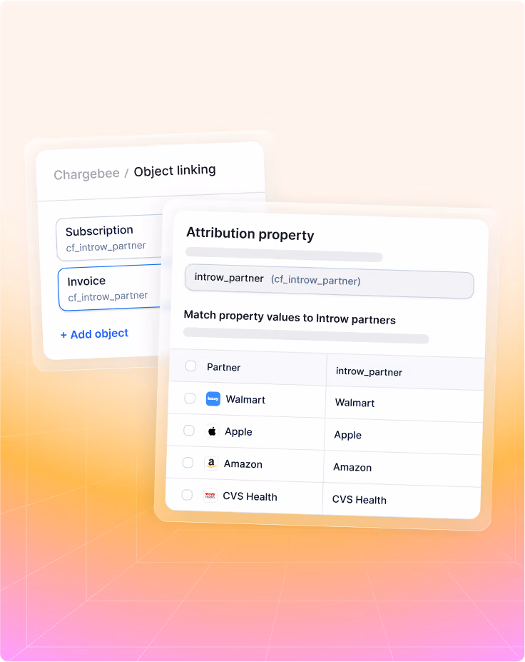 Interface showing object linking with attribution property matching partners like Walmart, Apple, Amazon, CVS Health.