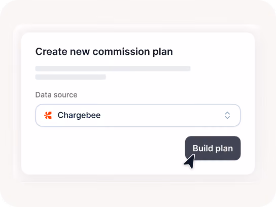 Screen showing form to create new commission plan with data source set to Chargebee and Build plan button.