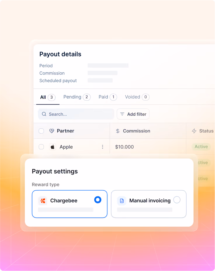 Interface showing payout details and settings with options for Chargebee or manual invoicing.
