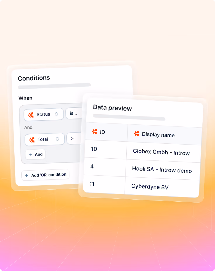 Screens showing conditions setup and data preview table with IDs and display names of companies.