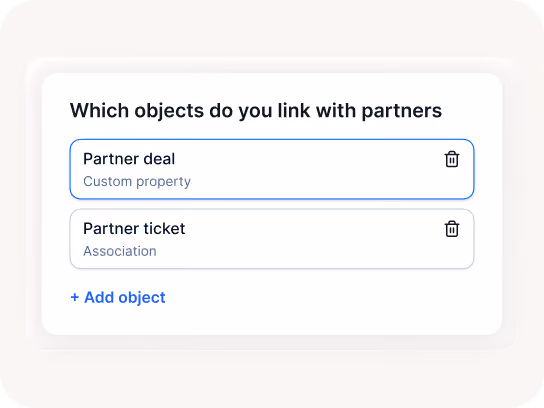 'Which objects do you link with partners' screen showing Partner deal and Partner ticket objects with delete icons.
