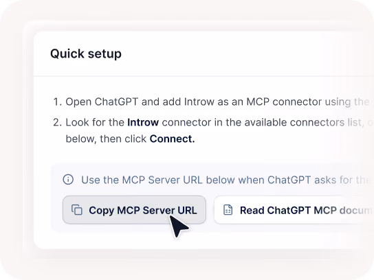 Screenshot showing instructions to add Introw as an MCP connector in ChatGPT with a cursor on a Copy button.