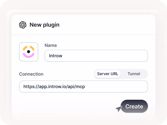 Interface to create a new plugin named Introw with server URL connection and a Create button.