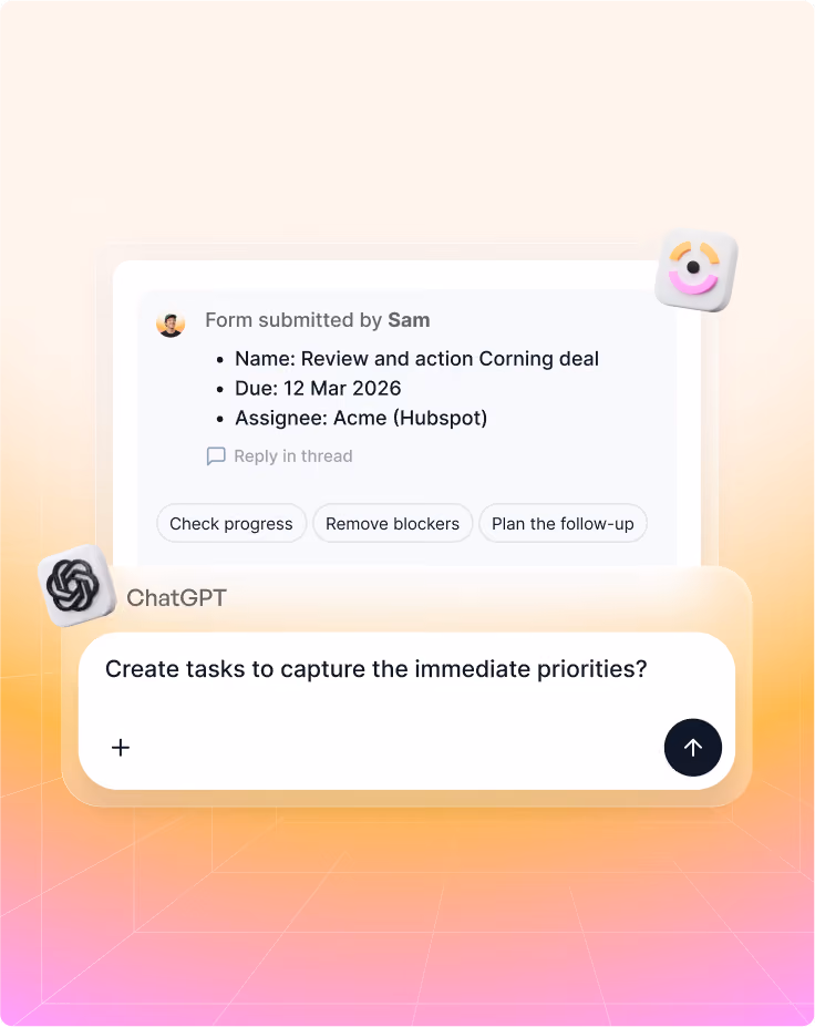 ChatGPT interface showing form data for task creation with actions like check progress and remove blockers.