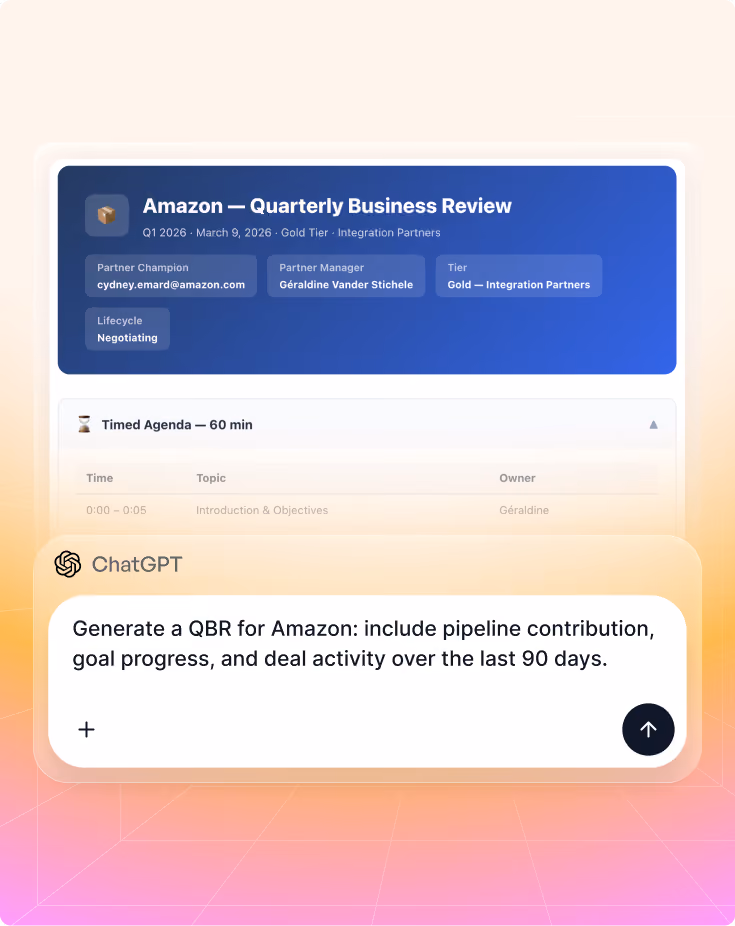 ChatGPT prompt asking to generate a QBR for Amazon with pipeline, goal progress, and deal activity data.