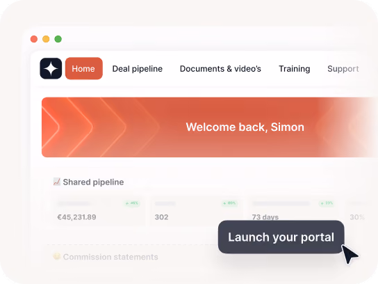 Web dashboard showing greeting to Simon, menu with Home, deal pipeline, and a tooltip saying Launch your portal.