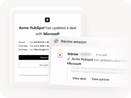 Notification showing Acme HubSpot updated a deal with Microsoft including deal amount and options to view deal or partner.