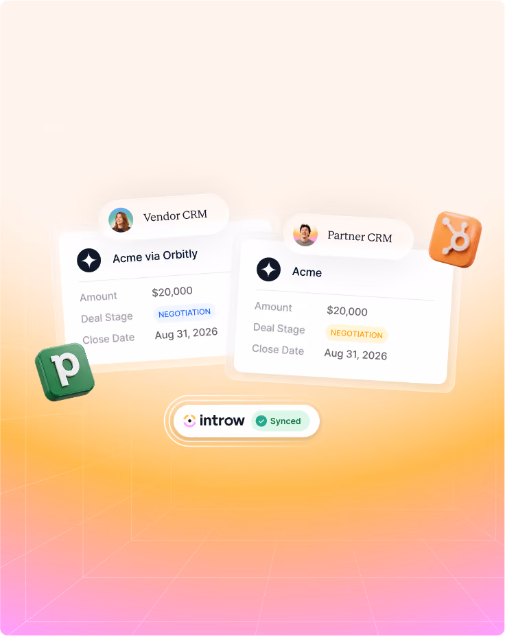 Two CRM cards showing $20,000 deals in negotiation stage with synced Introw app and CRM logos.
