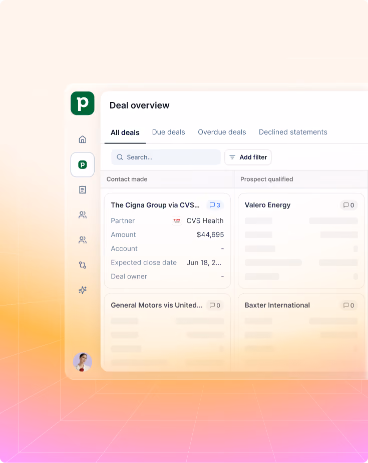Deal overview dashboard showing tabs for all deals, due deals, overdue deals, and declined statements with listed deals.