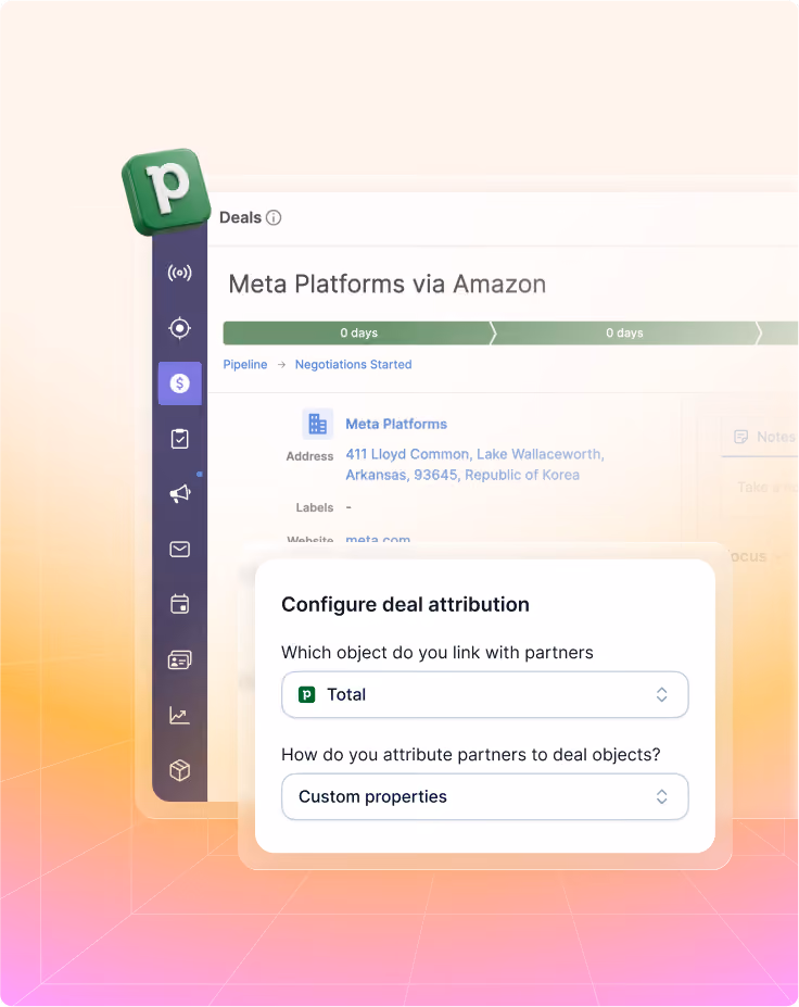 Software interface showing deal attribution setup for Meta Platforms via Amazon with partner linking and custom properties.
