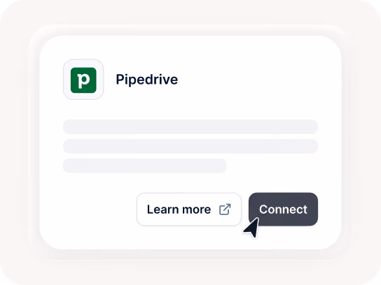 Pipedrive interface with Learn more and Connect buttons, with cursor hovering over Connect.