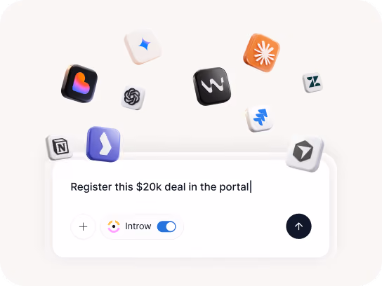 Interface showing a text field with 'Register this $20k deal in the portal' and various app logos floating above.