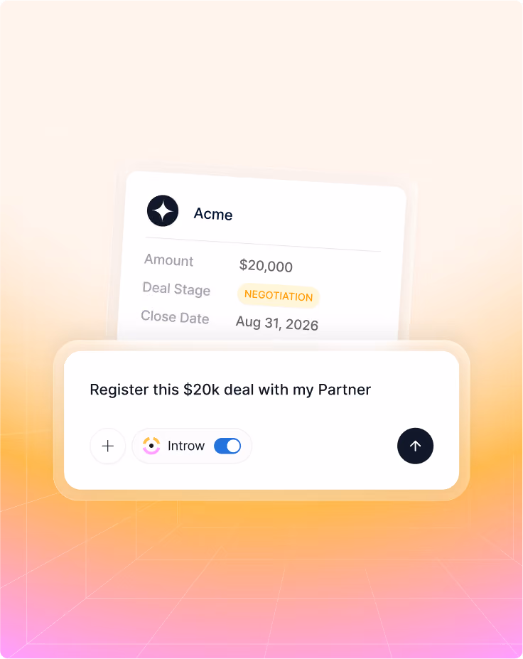 Interface showing a $20,000 Acme deal in negotiation stage with a toggle to register deal with partner.