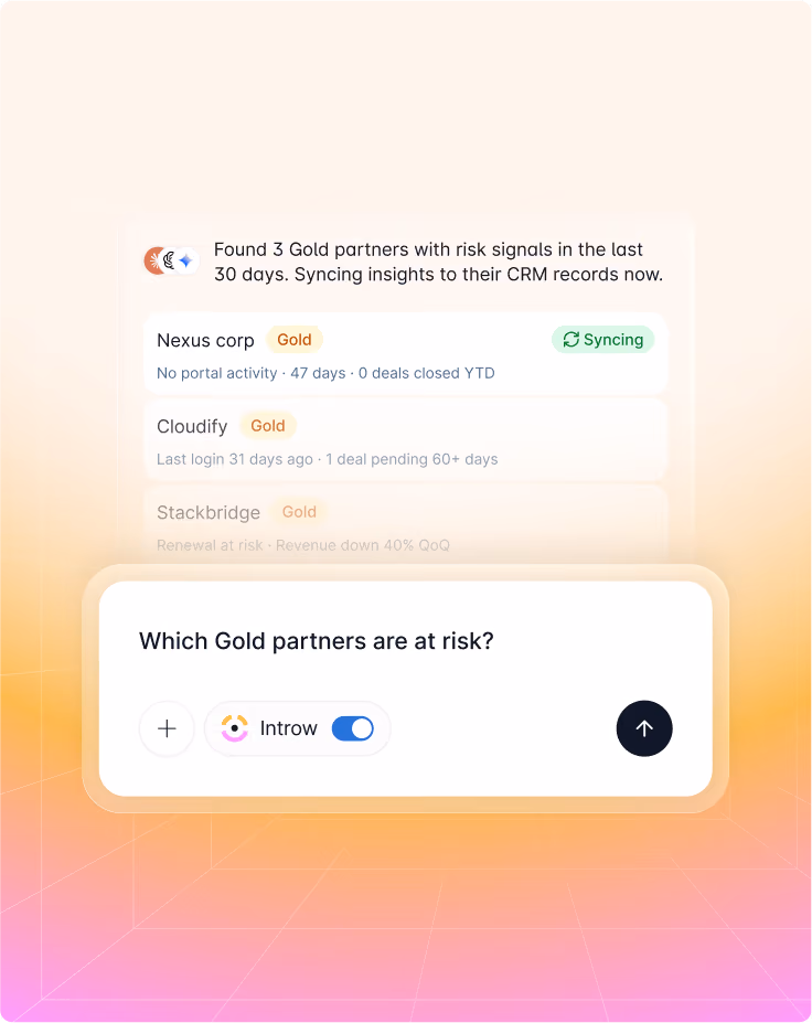 Dashboard showing three Gold partners with risk signals and syncing insights to CRM records.
