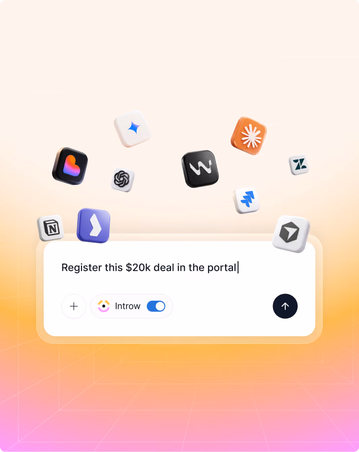 Interface box with text 'Register this $20k deal in the portal' and various app icons floating above it.