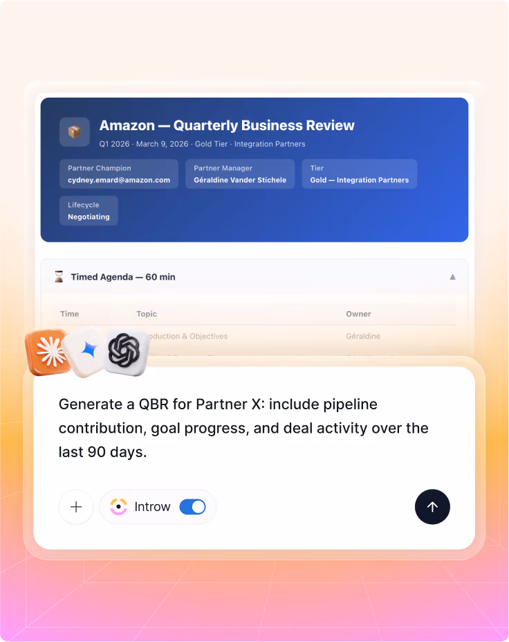 Dashboard showing Amazon Q1 2026 Quarterly Business Review details with a prompt to generate a QBR for Partner X.