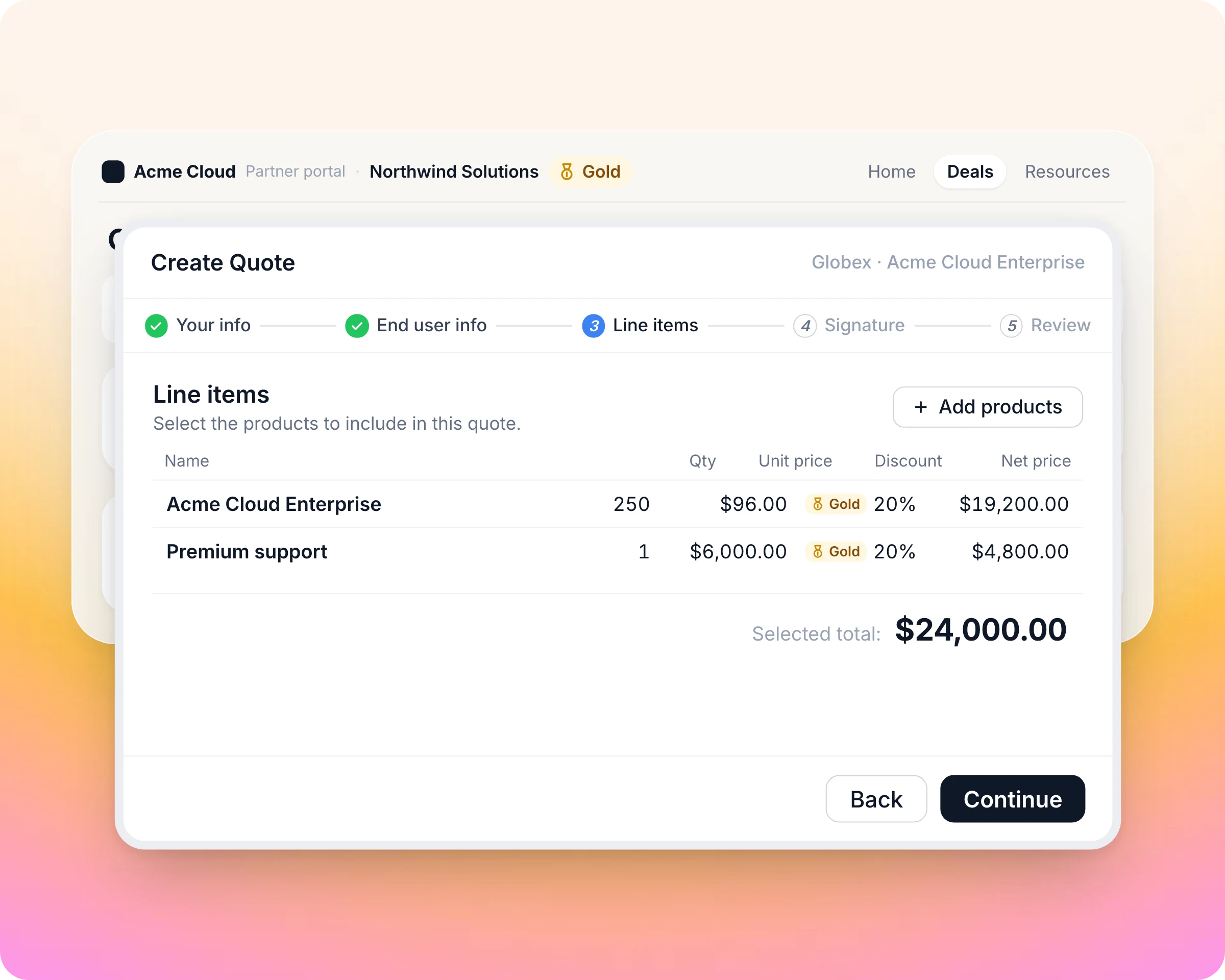 Partner quote in the portal with the Gold tier discount applied to each line item