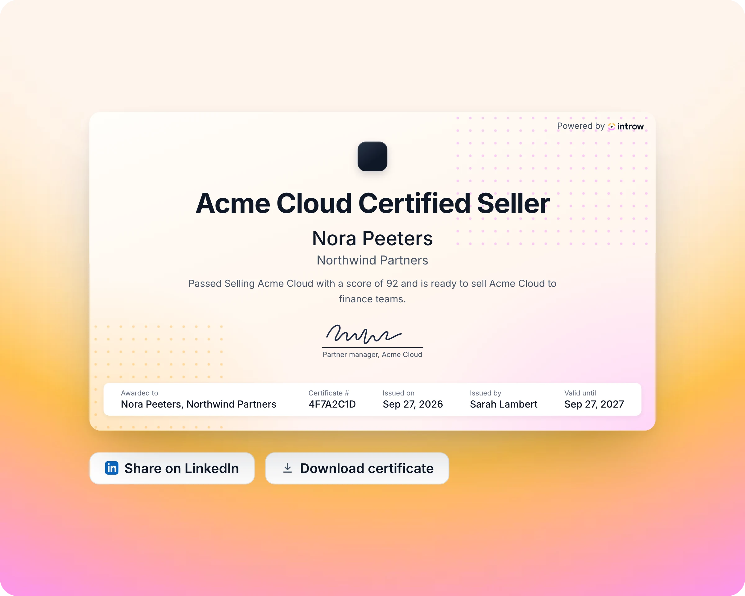 Partner certification issued from Introw training, ready to share on LinkedIn