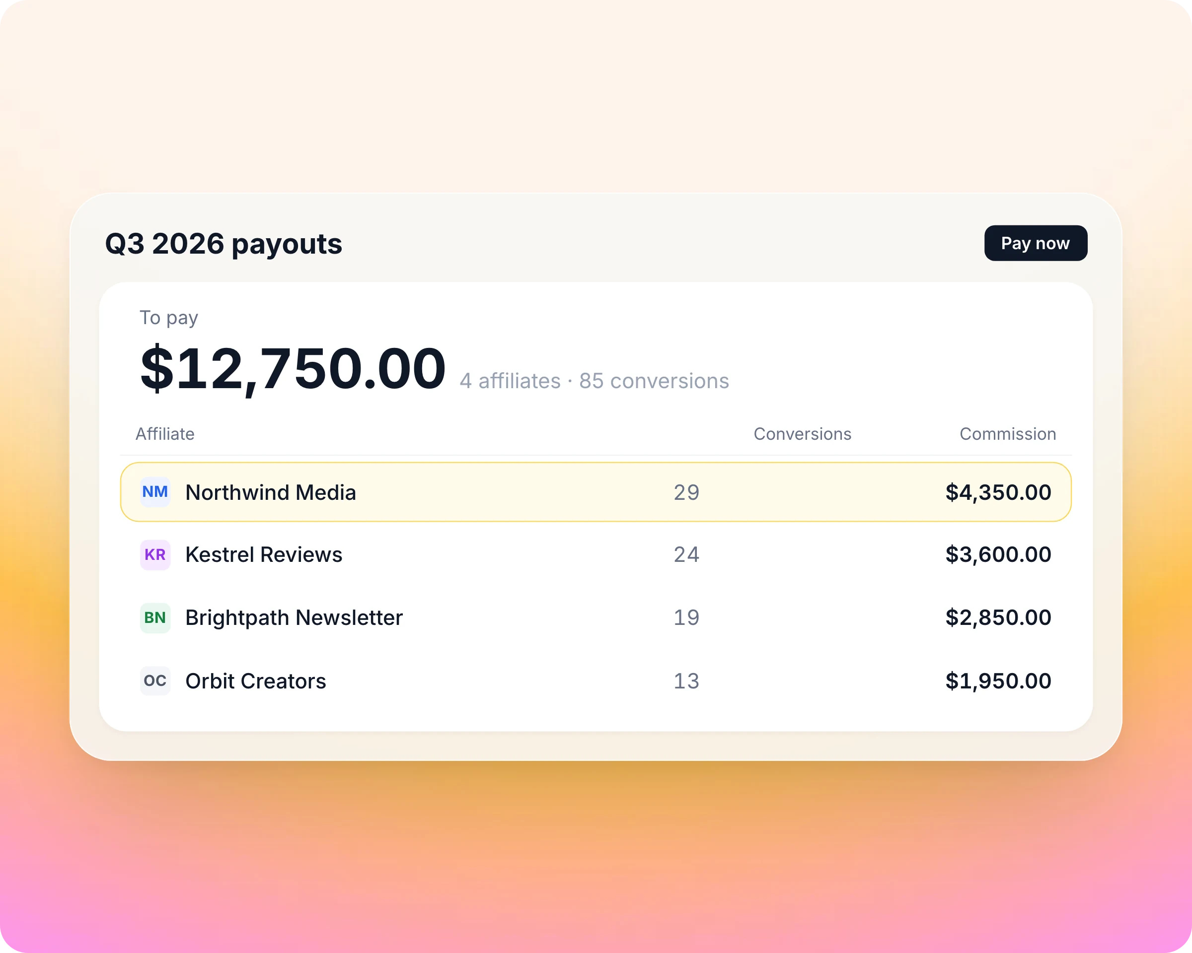 Affiliate management software: Commission books itself. One invoice pays every affiliate