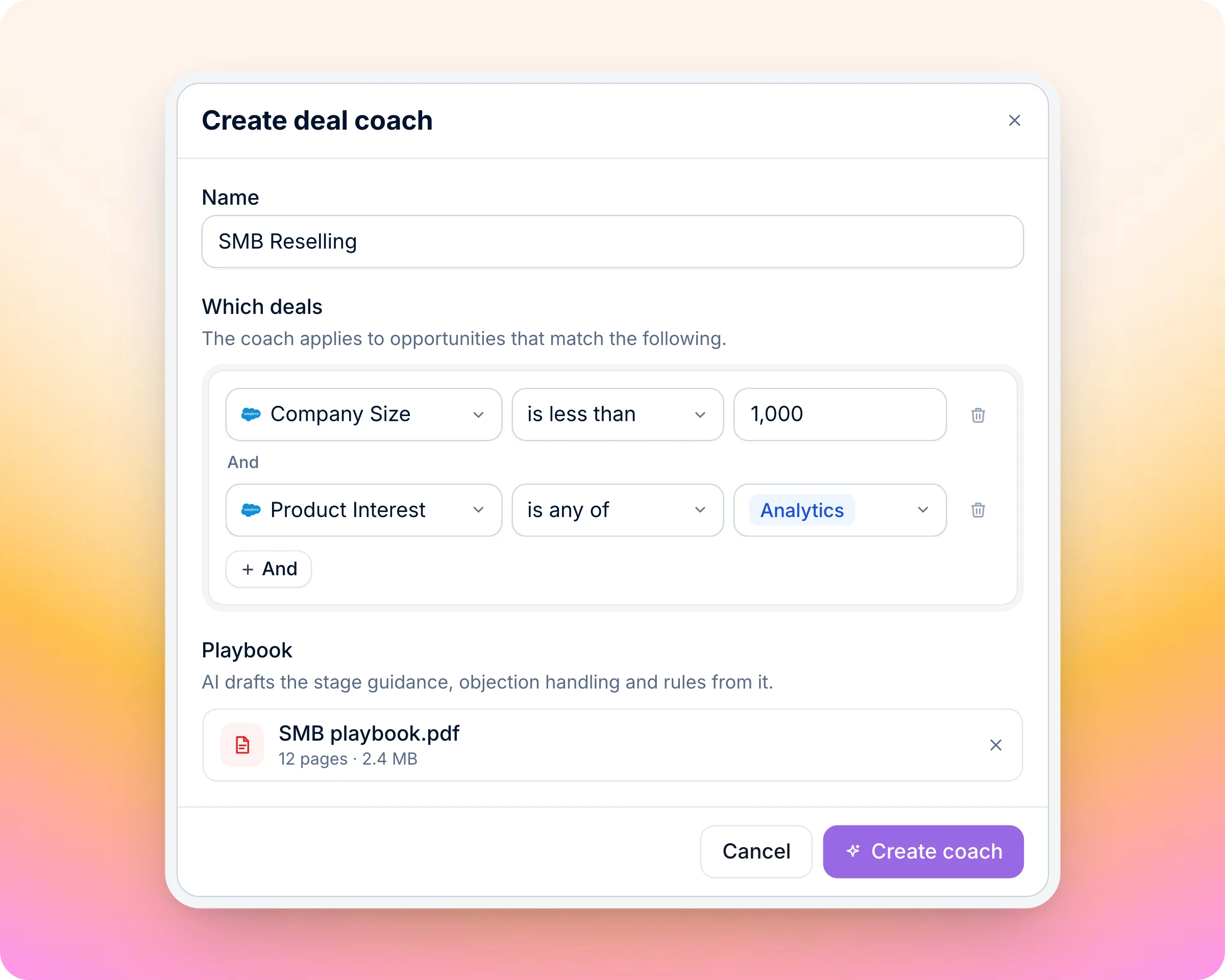 AI deal coaching: Build the playbook once. It covers every matching deal