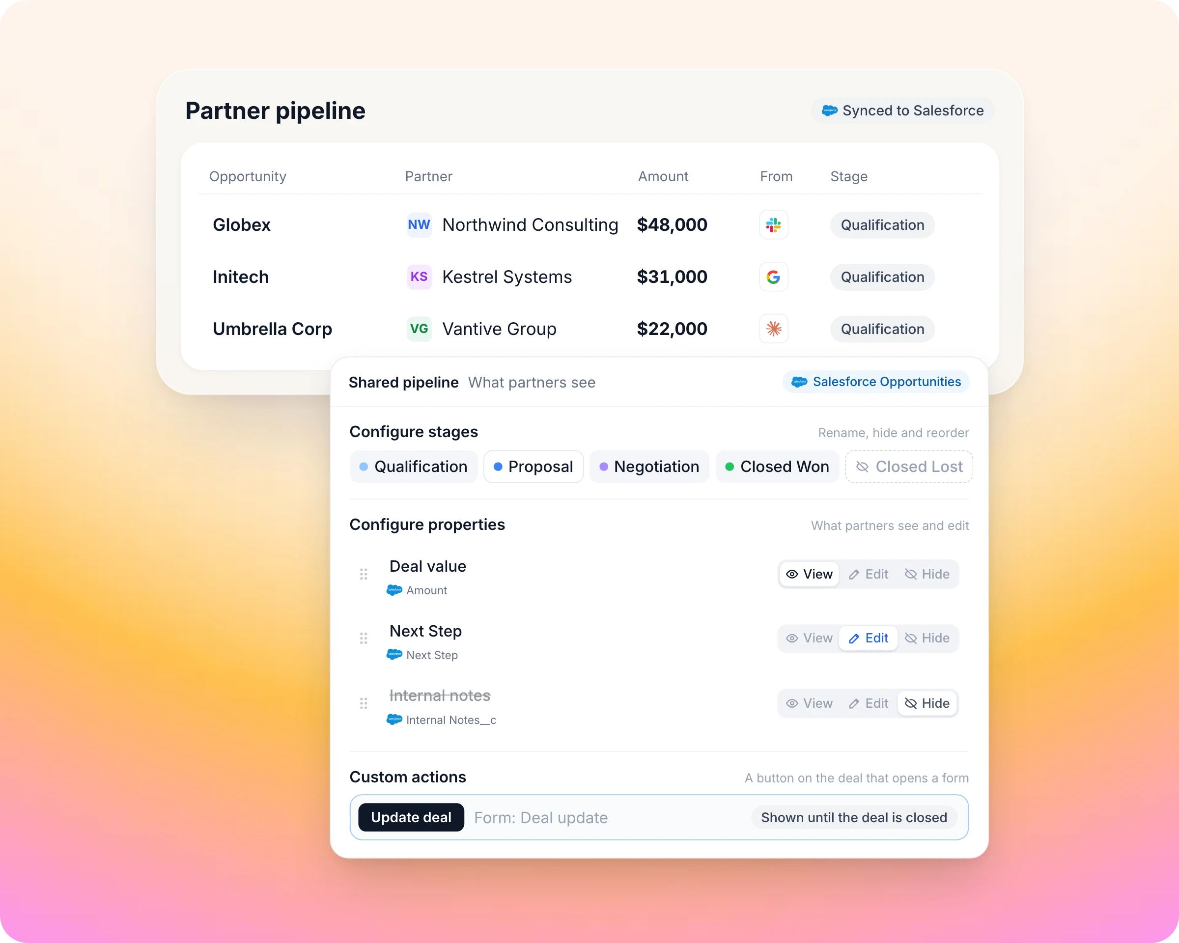 Deal registration and co-selling: Every partner deal in one pipeline. You decide what partners see