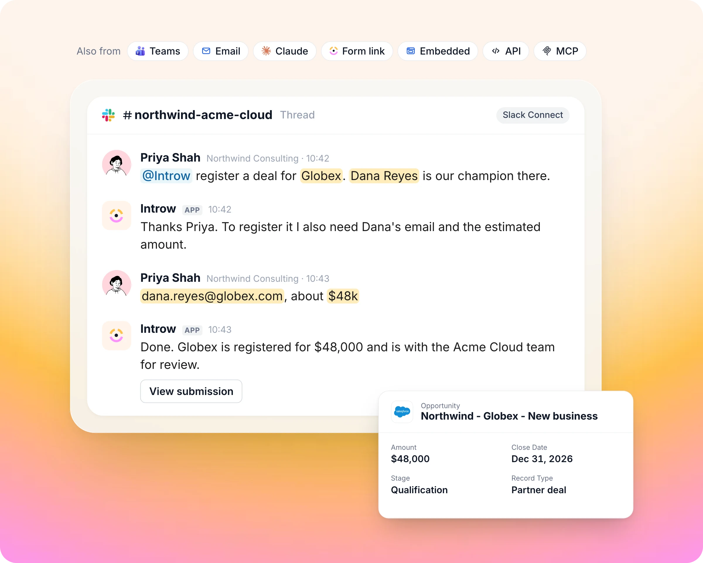Deal registration and co-selling in Introw: Partners register deals from anywhere