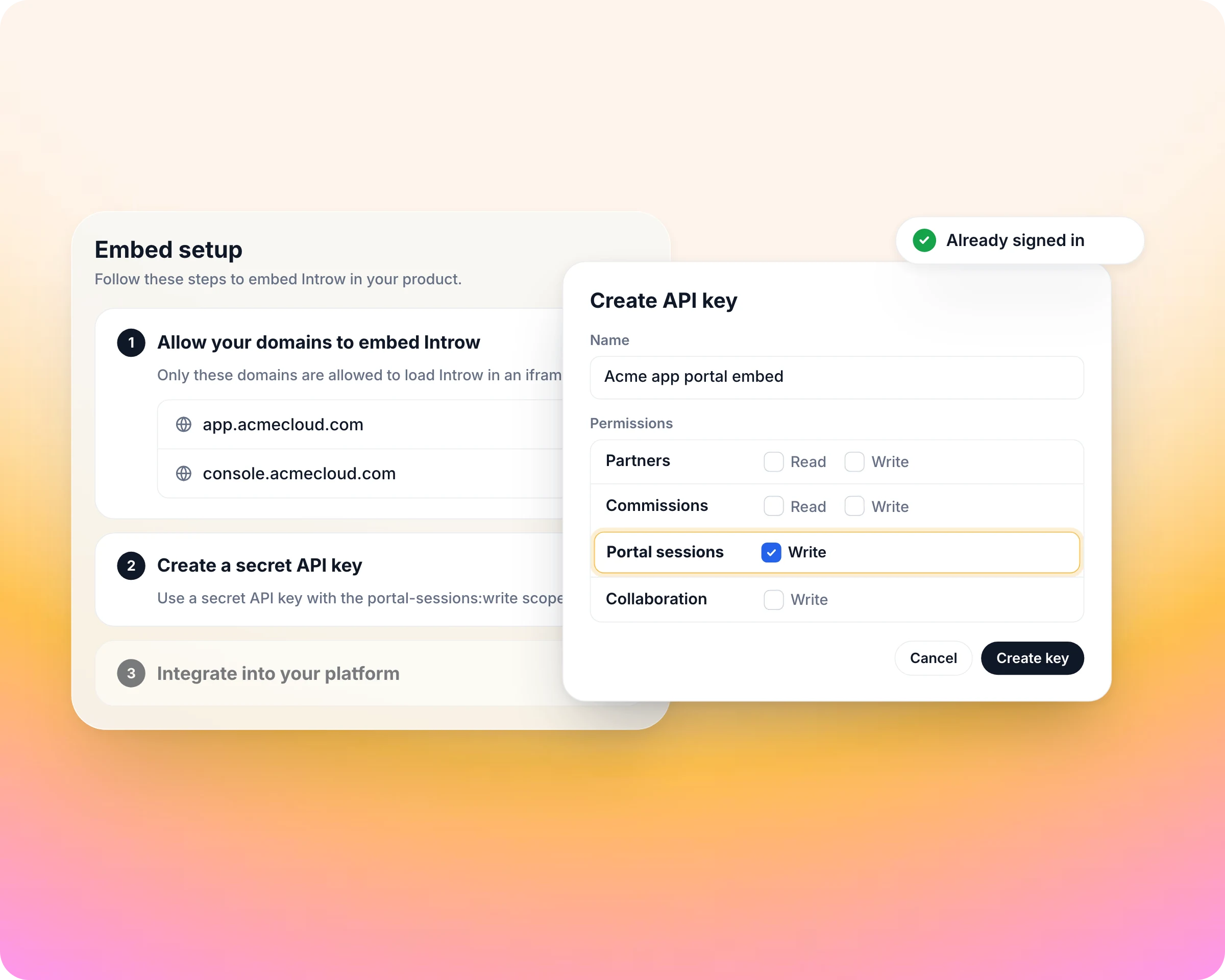 Embedded partner portal: Signed in already, and locked to the domains you allow