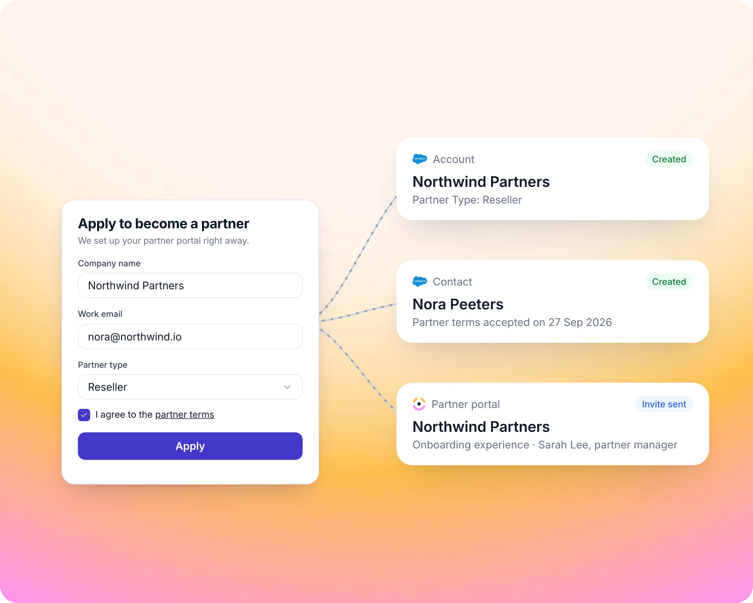 Partner onboarding software: New partners land in your CRM the minute they apply