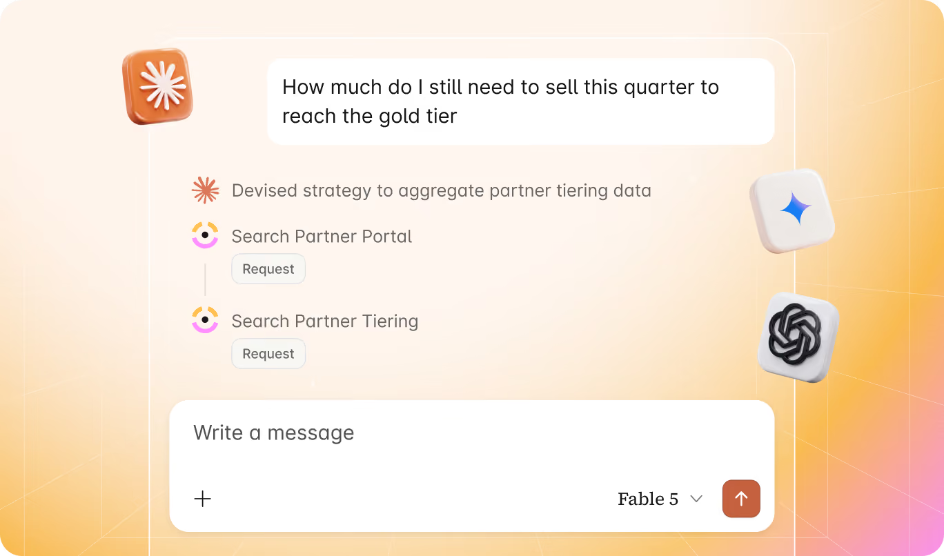 Chat interface showing a question about sales targets and steps involving partner tiering data and portal searches.