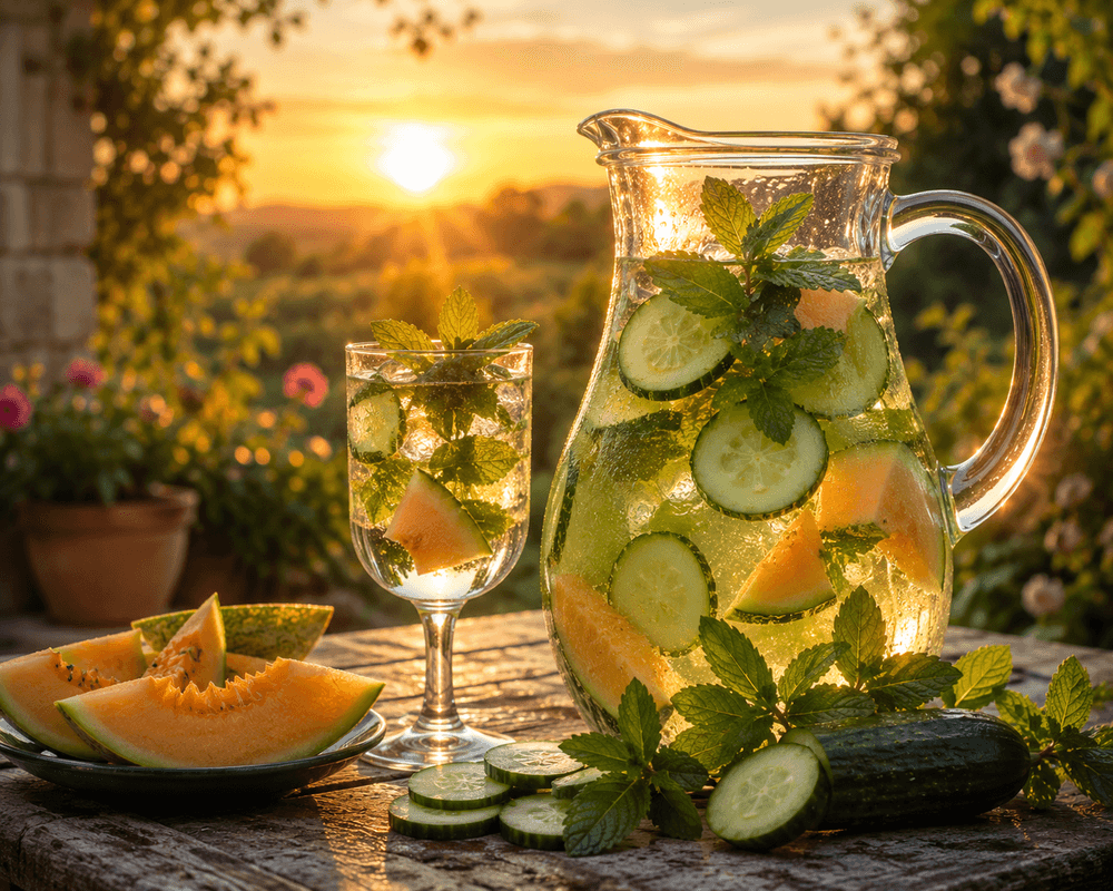 boisson d'été eau, concombre, citron, melon