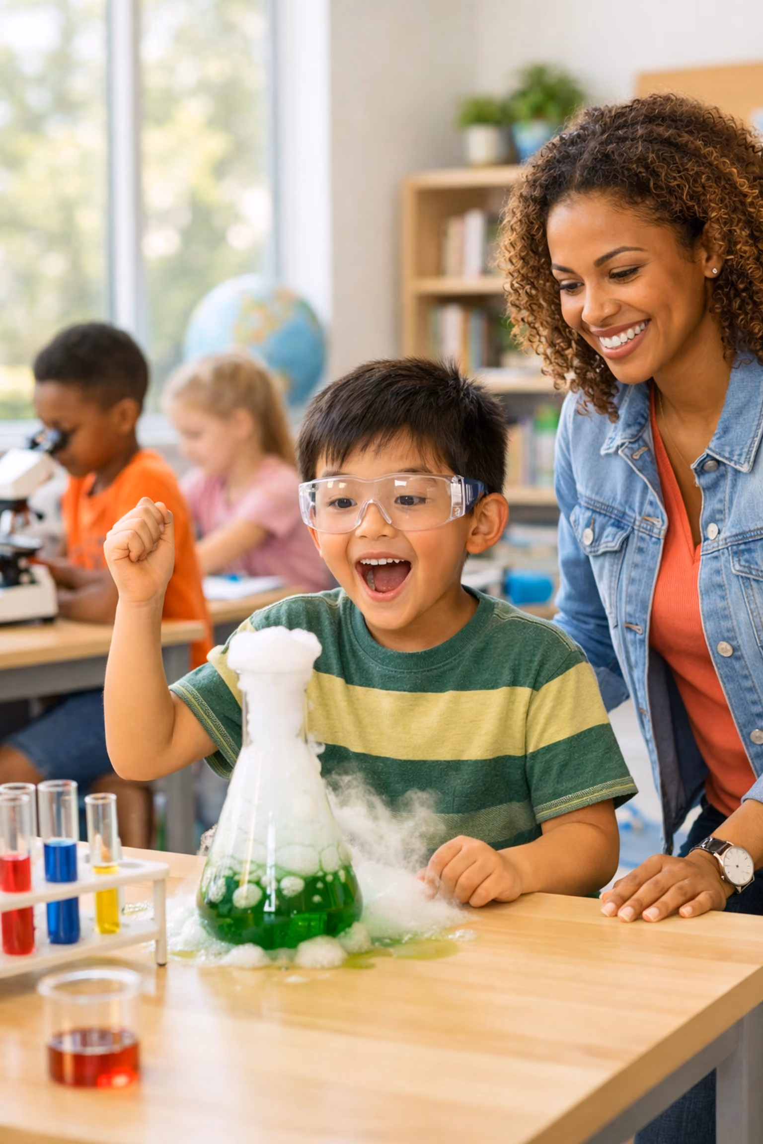 Educator and children in a lab, showcasing a neuro-affirming child neuropsychological assessment approach in San Diego.